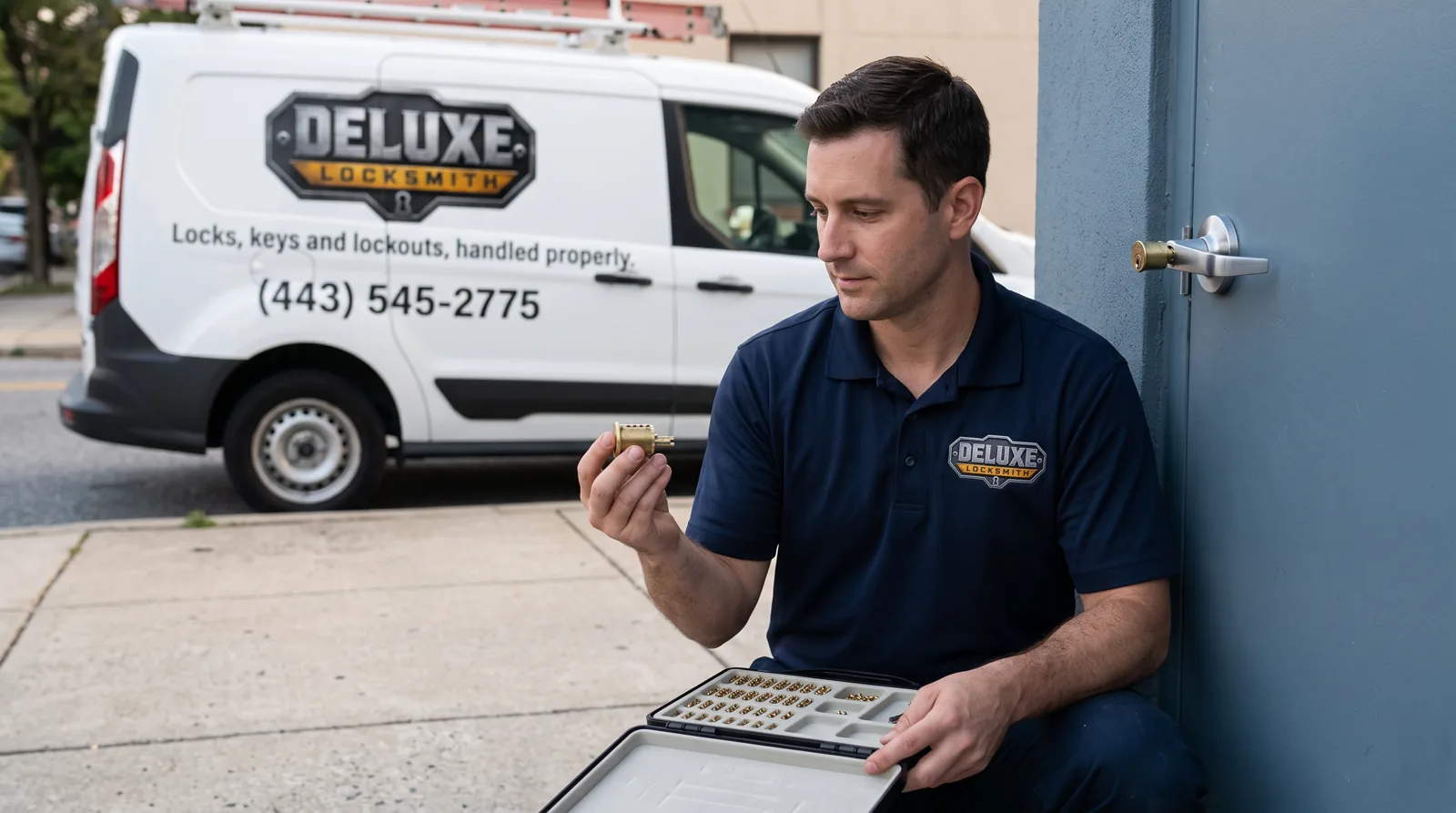 Deluxe Locksmith technician removing a lock cylinder from a commercial office door during a commercial rekey, with the branded company van parked outside