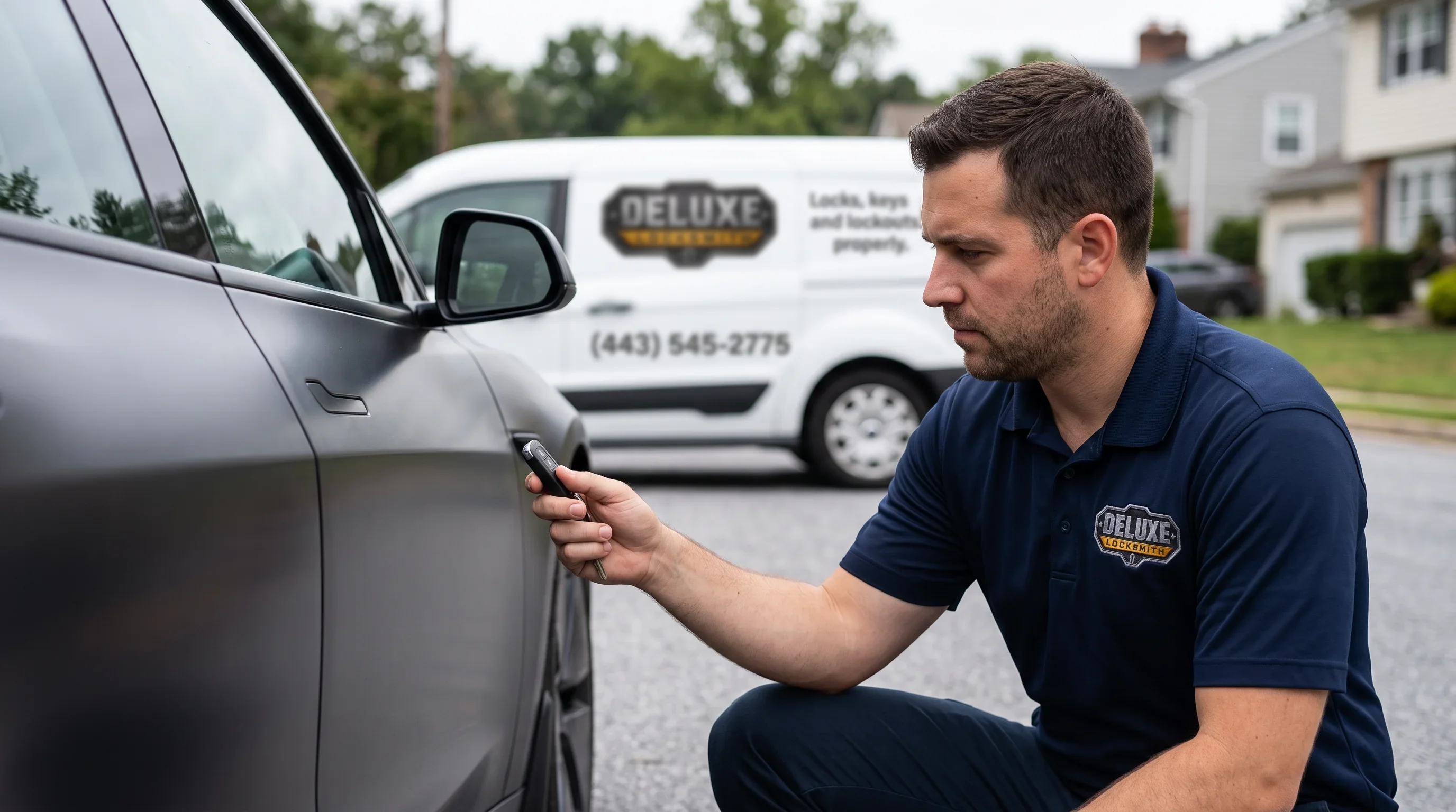 Deluxe Locksmith automotive service for a car key fob that has stopped working, with the technician at the vehicle