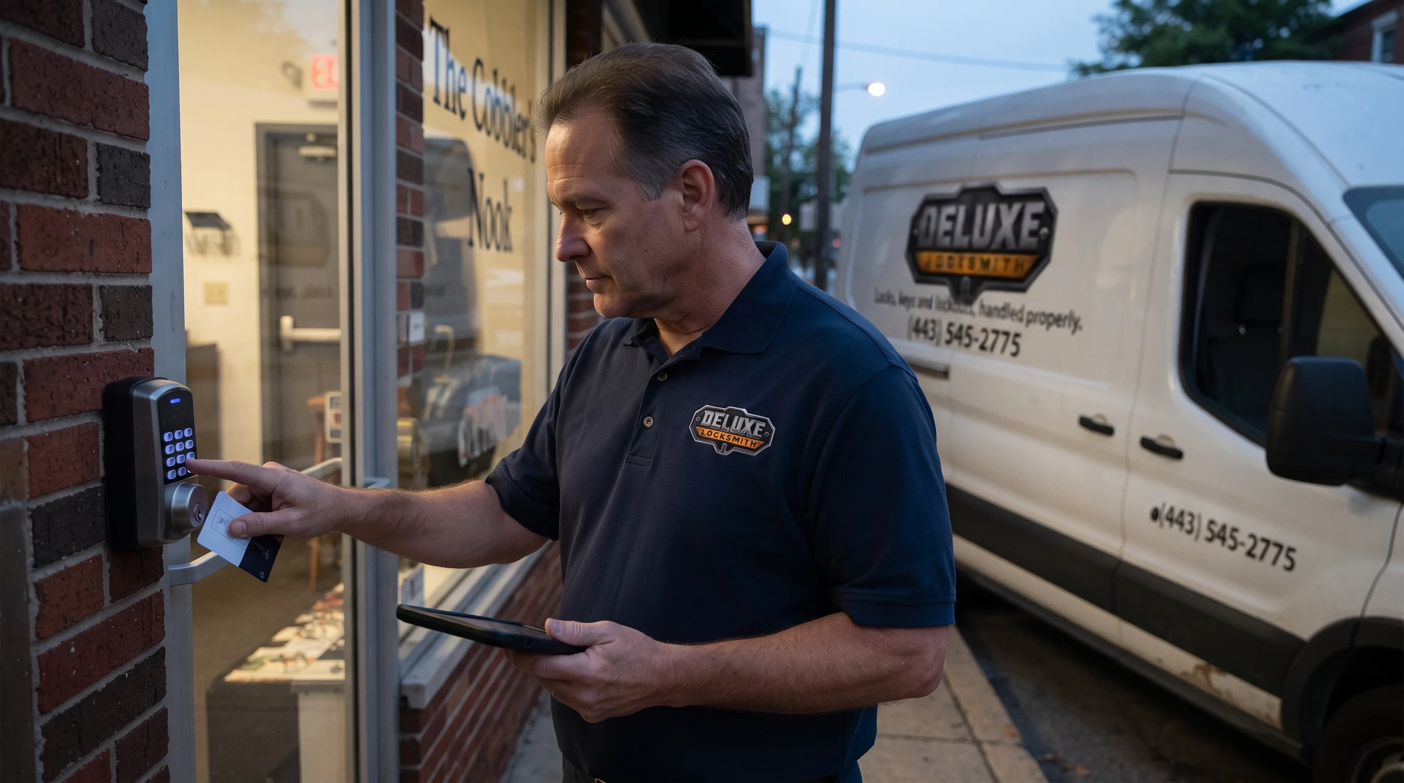 Deluxe Locksmith technician programming a keypad lock on a small business storefront door, with the branded company van parked behind him