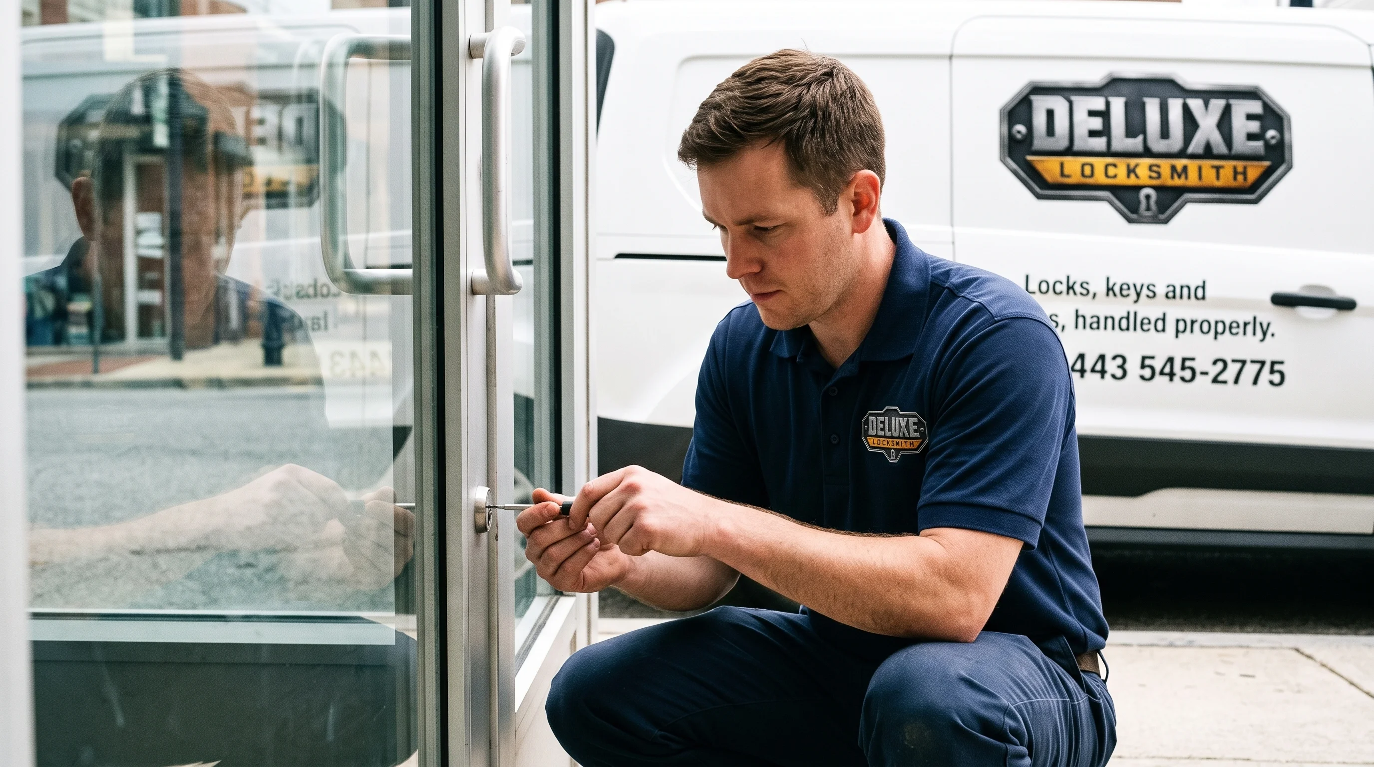 Deluxe Locksmith technician crouched at a commercial glass storefront door, working on the lock cylinder with the branded company van parked behind him