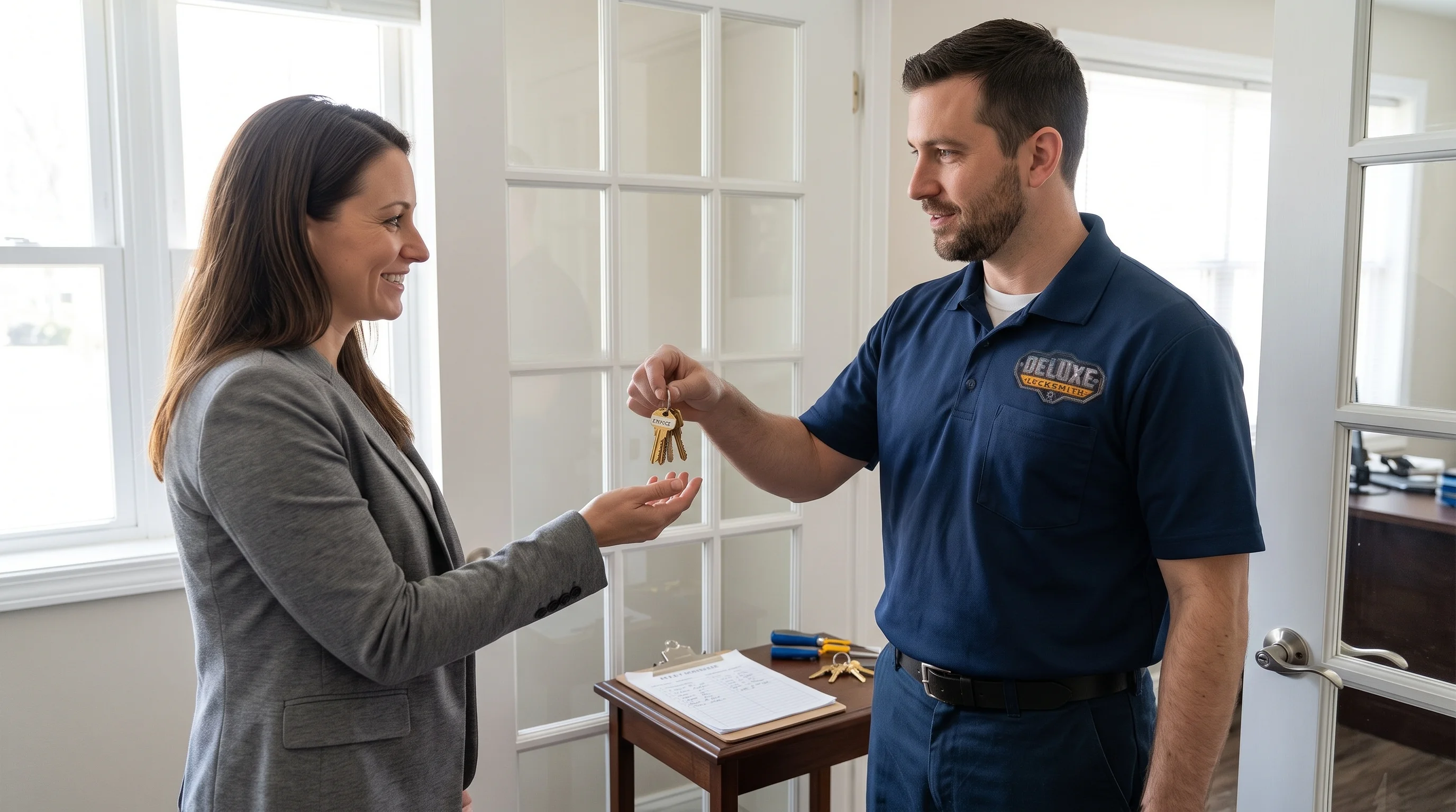 Deluxe Locksmith technician handing a labeled set of commercial keys to a business owner, with a written key schedule visible on a clipboard nearby