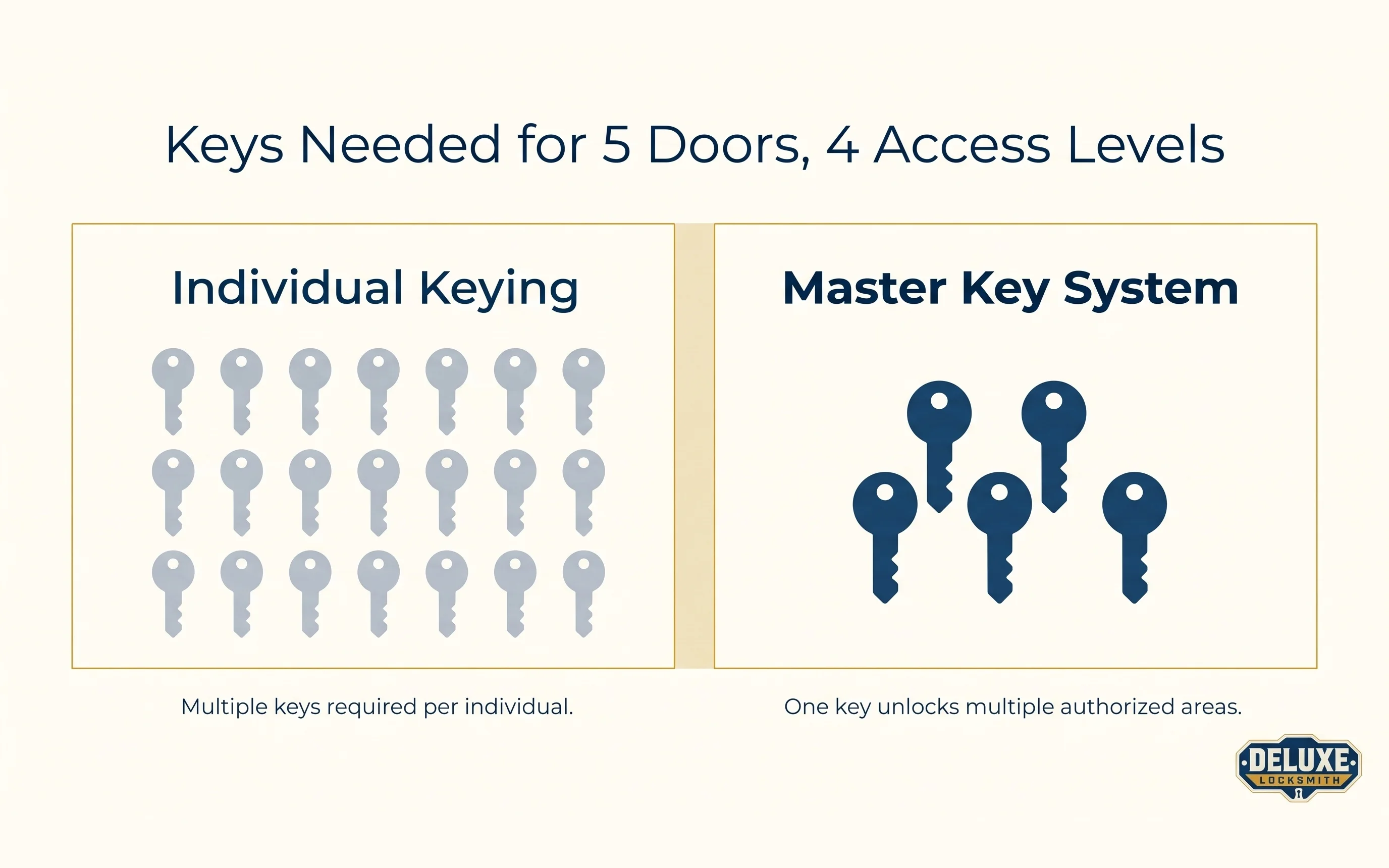Infographic comparing individual keying, shown as 20 separate keys, against a master key system, shown as 6 keys, for 5 doors and 4 access levels