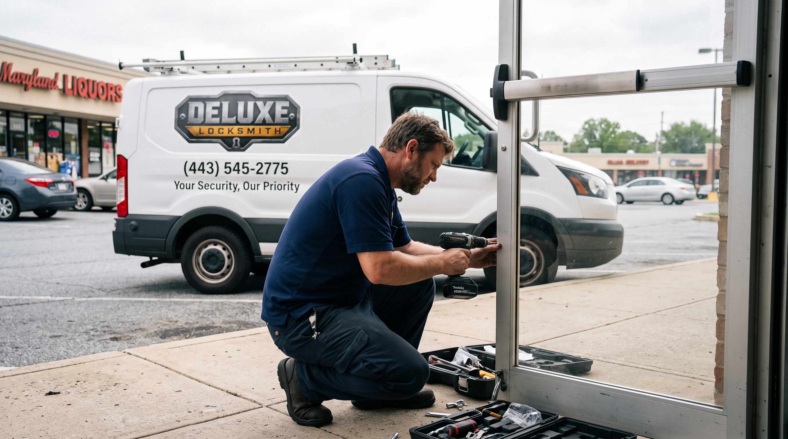 Deluxe Locksmith technician installing a panic bar exit device on a commercial storefront door, with the branded company van parked behind him