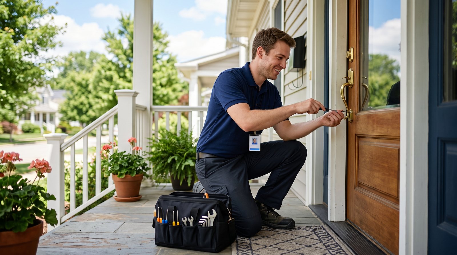 Smiling locksmith technician kneeling at a homeowner's front door in daylight, working on the deadbolt with a wrench, toolbag open beside him
